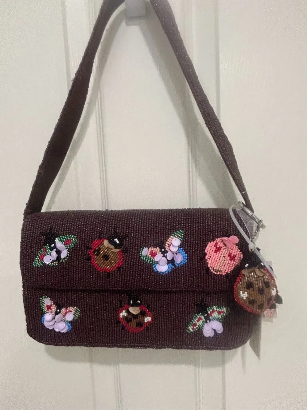Ladybug Butterfly Beaded Sequin Handbag w Keychain Charm Made in India NWT